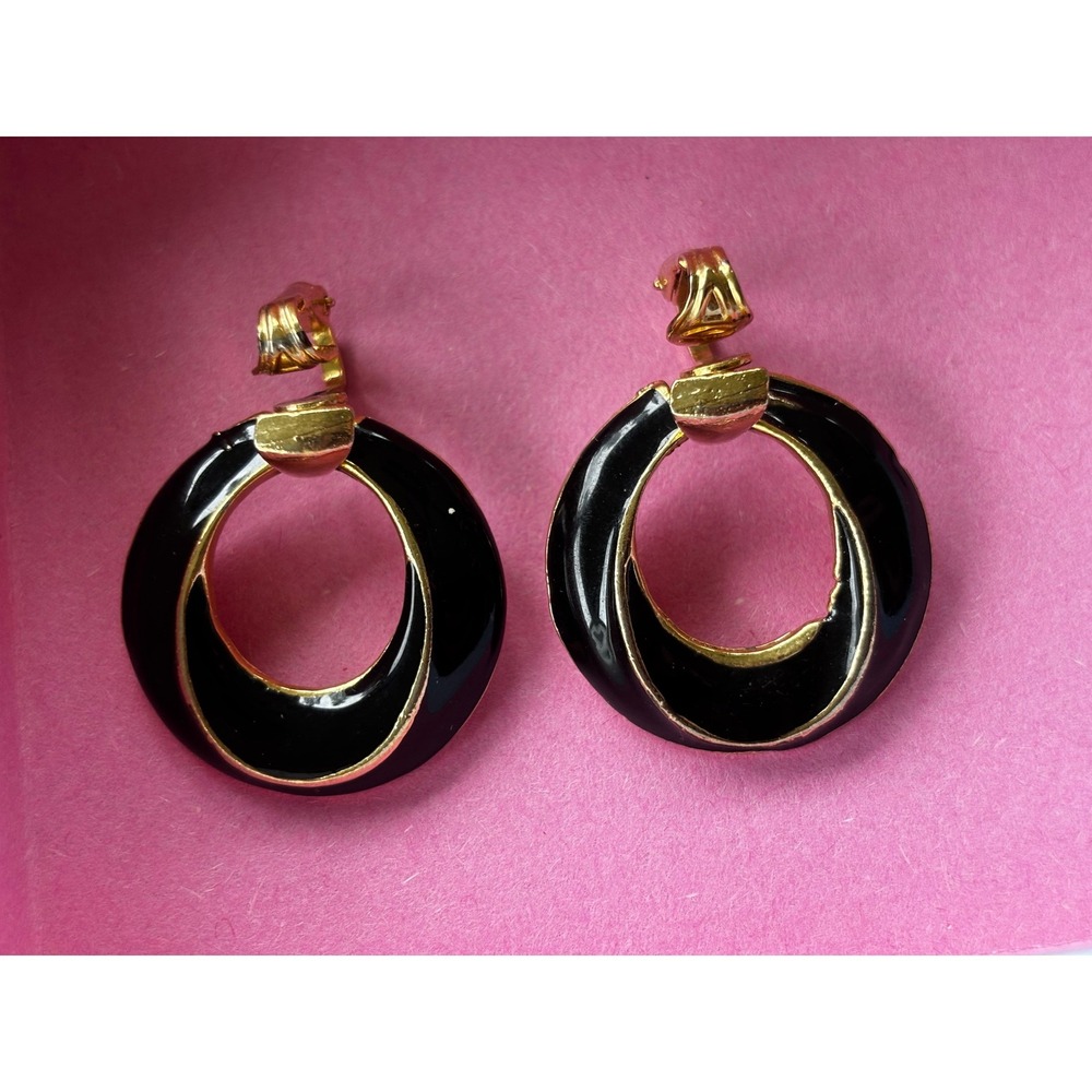 Vintage Clip On Earrings OS Black Gold Tone Enamel Door Knocker Statement Retro
